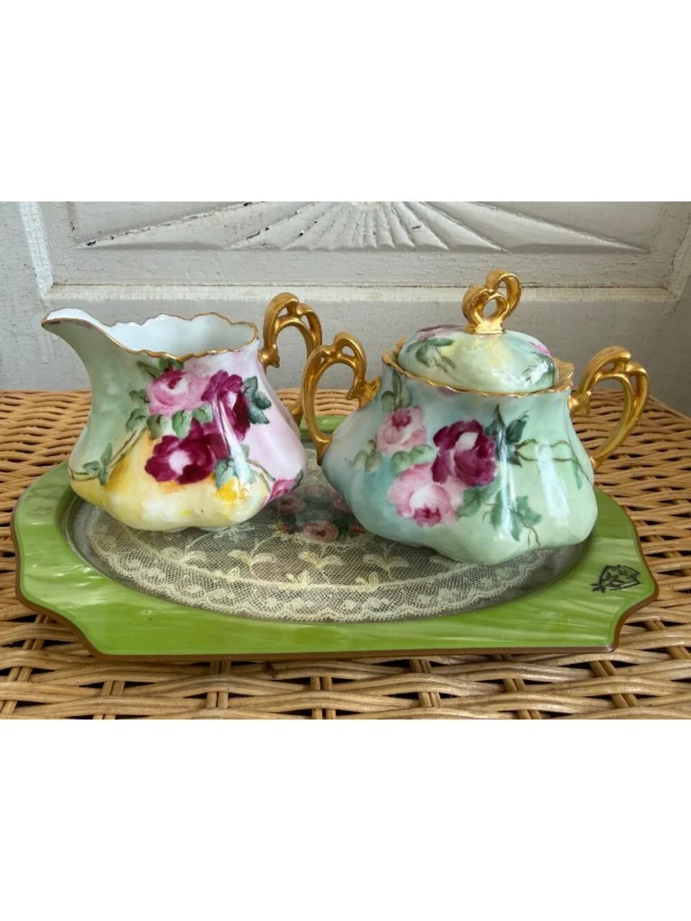 Vintage 40's Hand Painted Floral Porcelain Sugar and Greamer Set Gold Accent